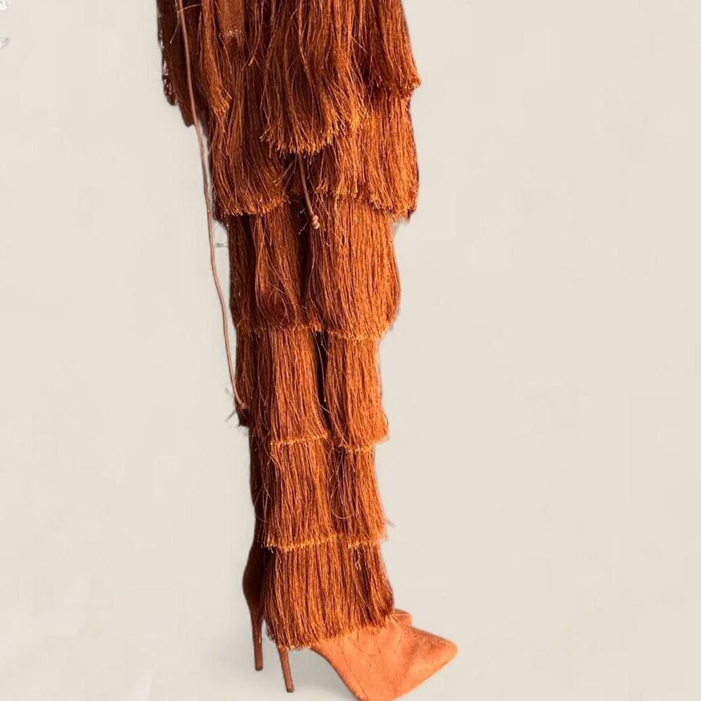 long fringe festival Women's Orange Brown knee high Boots size 7 - Picture 2 of 7